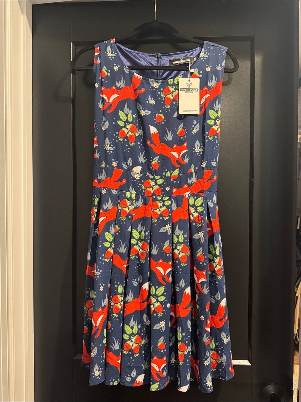 Womens Navy Dress with Red Fox & Strawberry Print